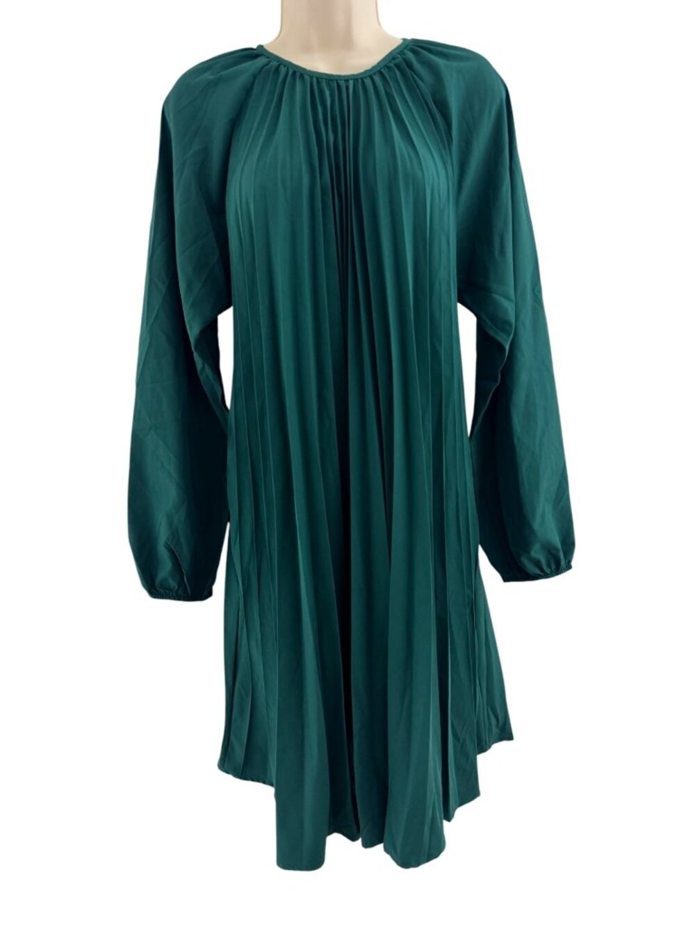 Dark Green Pleated‎ Long Balloon Sleeve Dress Size L Wedding Evening Holiday